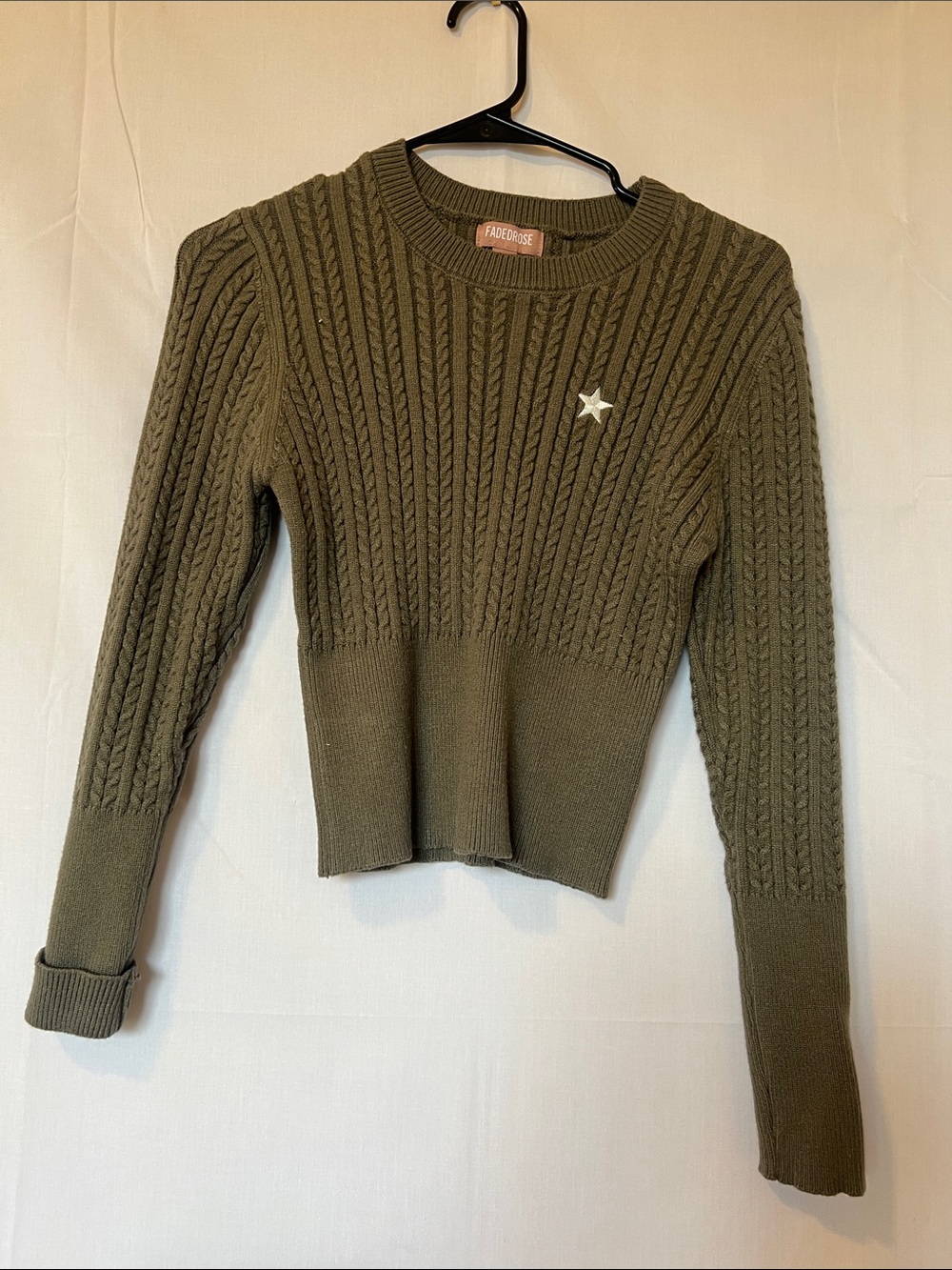Faded Rose Olive Green Cable Knit Crew Sweater with Star Detail